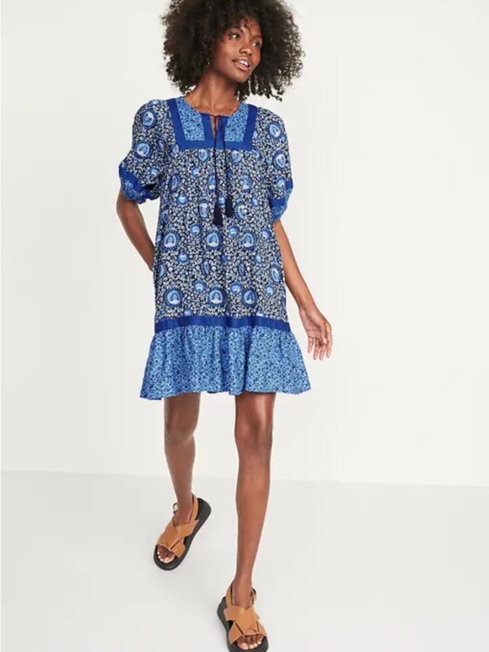 Old Navy Puff-Sleeve Printed Mini Swing Dress Size Blue Blossoms XL NWT